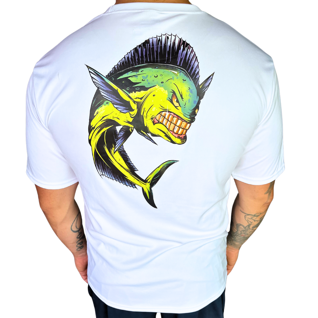 White Fishing Shirt-Mahi Mahi On Back